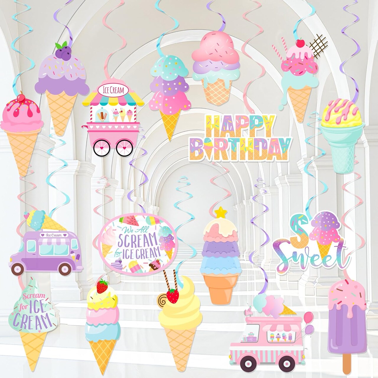 20PCS Ice Cream Party Hanging Swirls – Ice Cream Cone Birthday Decorations, Summer Theme Ceiling Streamers for Baby Shower, Kids Birthday & Ice Cream Party Supplies